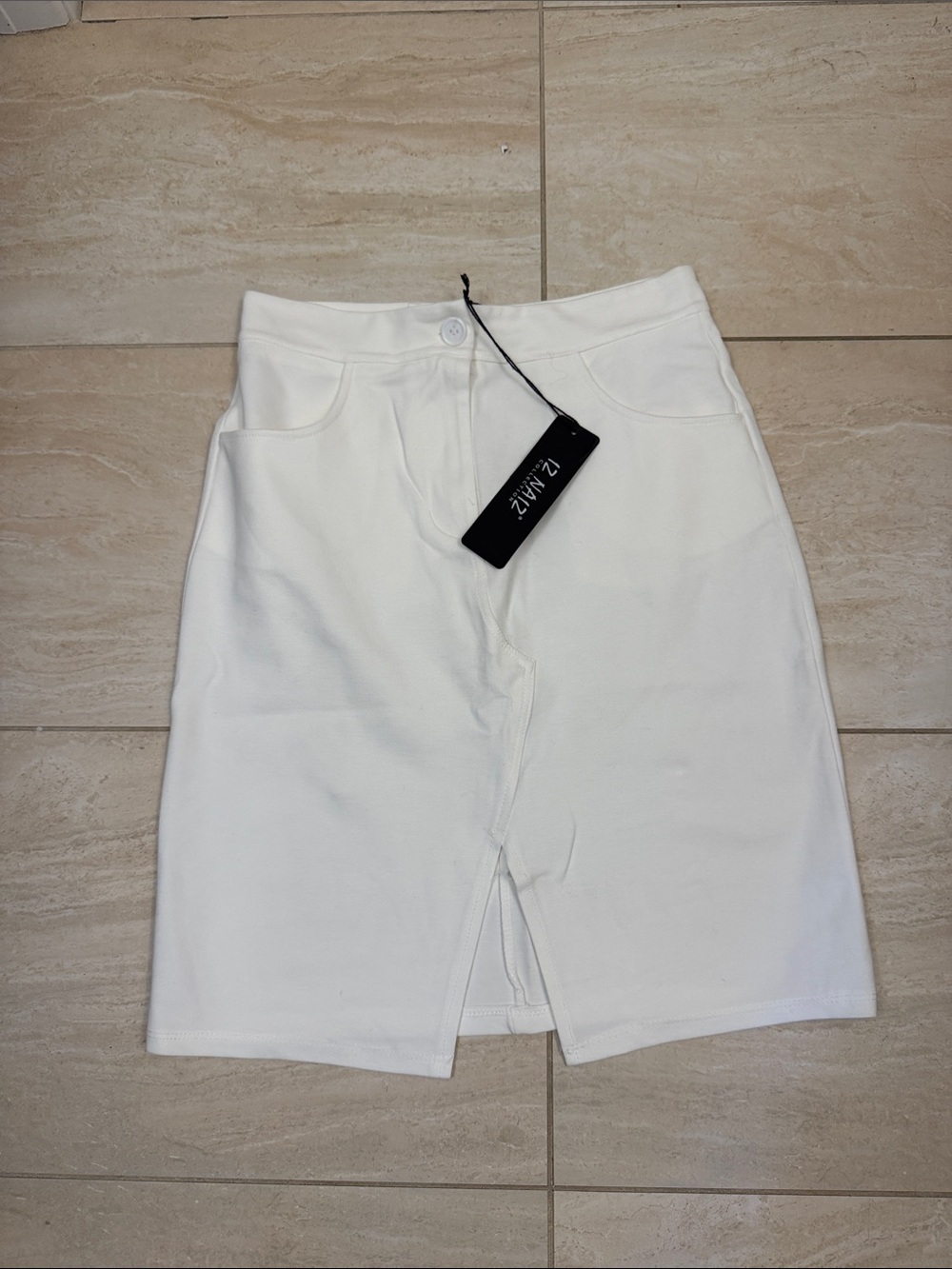 White Midi Pencil Skirt with Front Slit by